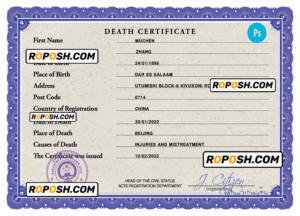 China death certificate PSD template, completely editable