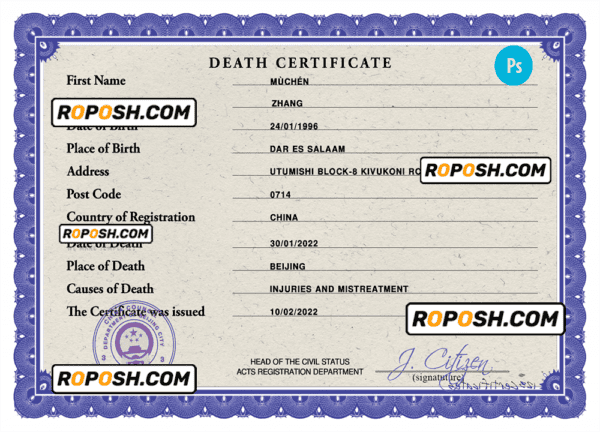 China death certificate PSD template, completely editable