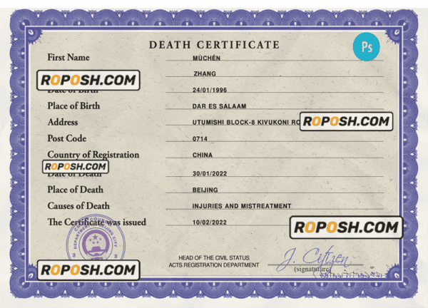 China death certificate PSD template, completely editable