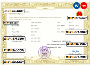 China marriage certificate Word and PDF template, completely editable