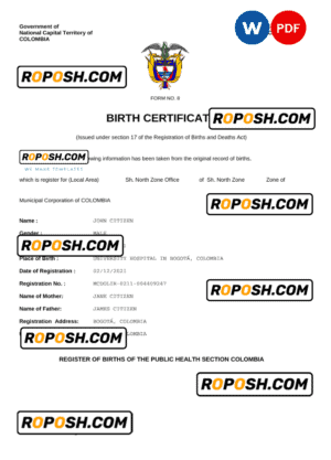 Colombia vital record birth certificate Word and PDF template, completely editable