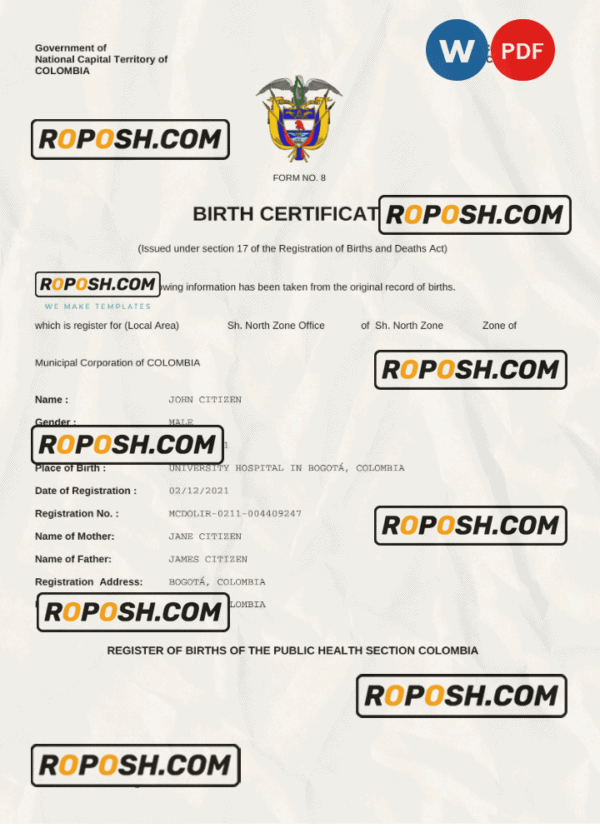 Colombia vital record birth certificate Word and PDF template, completely editable