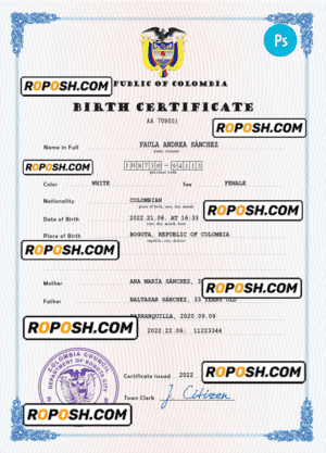 Colombia birth certificate PSD template, completely editable