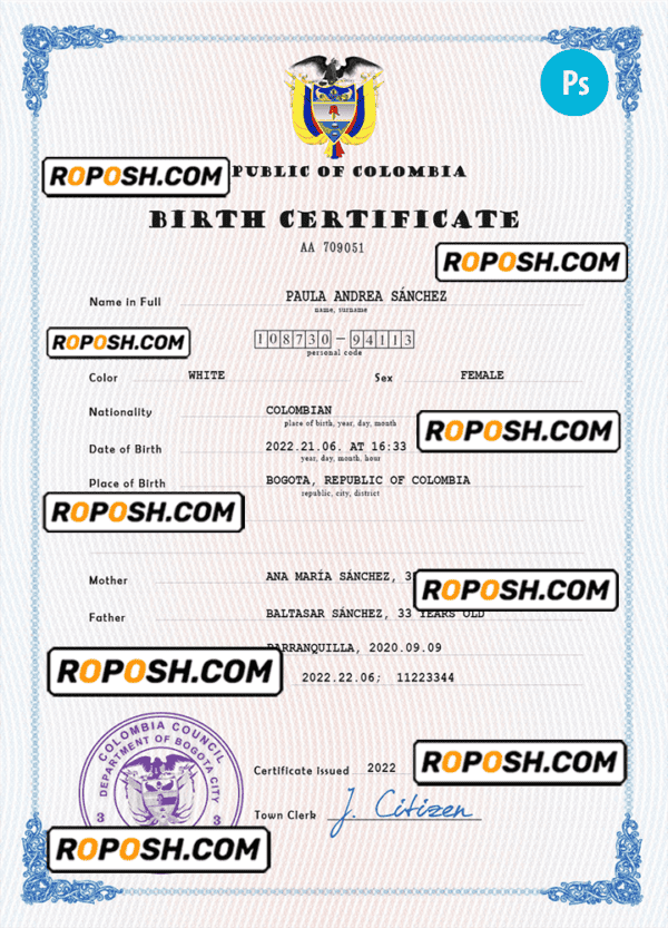 Colombia birth certificate PSD template, completely editable