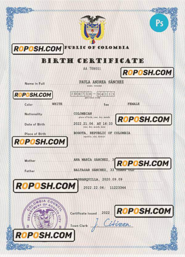 Colombia birth certificate PSD template, completely editable