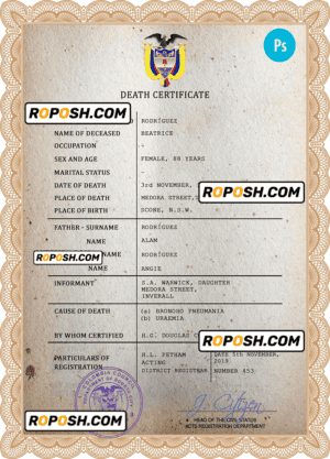 Colombia vital record death certificate PSD template, fully editable