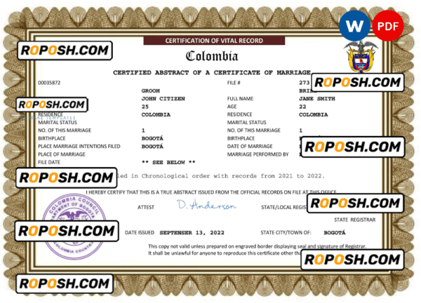 Colombia marriage certificate Word and PDF template, fully editable