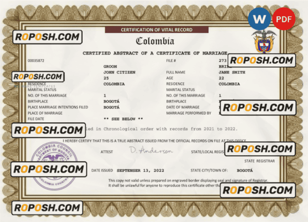 Colombia marriage certificate Word and PDF template, fully editable