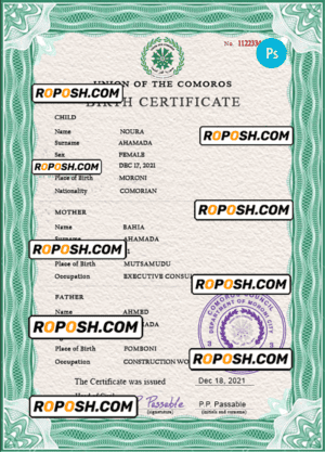 Comoros vital record birth certificate PSD template, fully editable