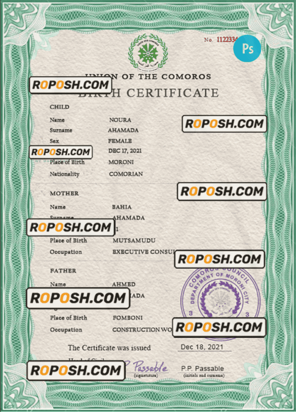 Comoros vital record birth certificate PSD template, fully editable