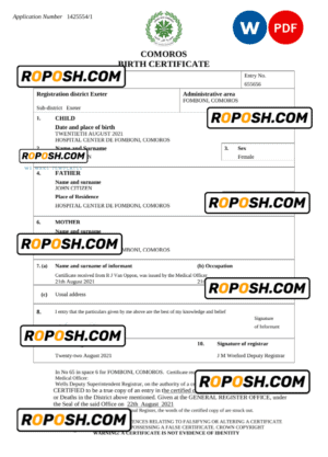 Comoros birth certificate Word and PDF template, completely editable