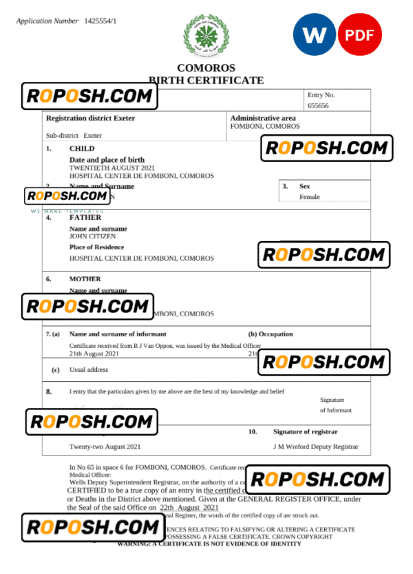 Comoros birth certificate Word and PDF template, completely editable