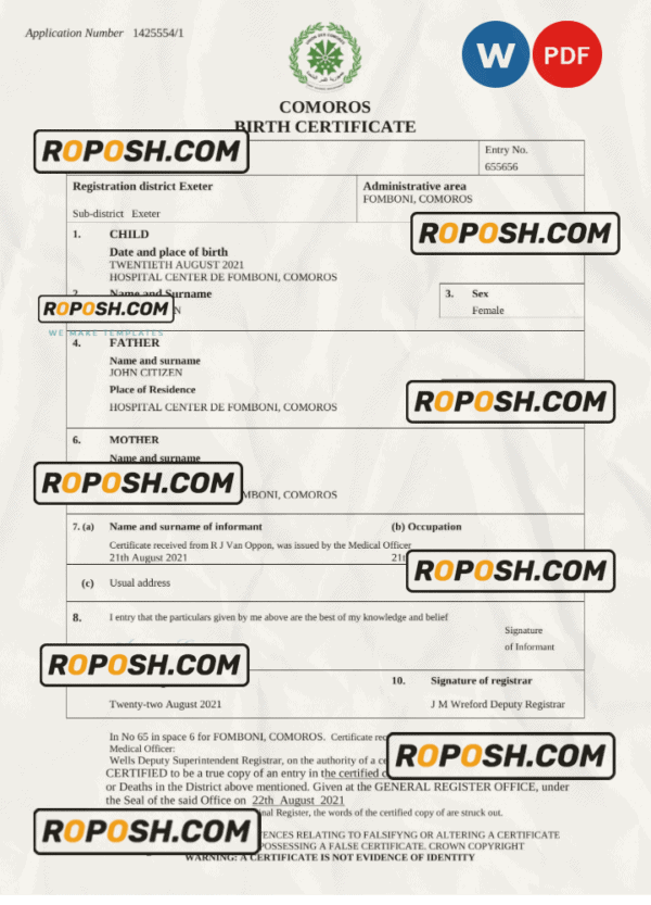 Comoros birth certificate Word and PDF template, completely editable