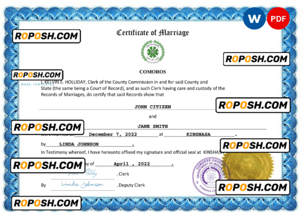 Comoros marriage certificate Word and PDF template, completely editable