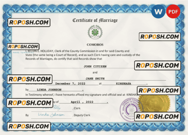 Comoros marriage certificate Word and PDF template, completely editable