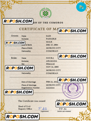 Comoros marriage certificate PSD template, completely editable