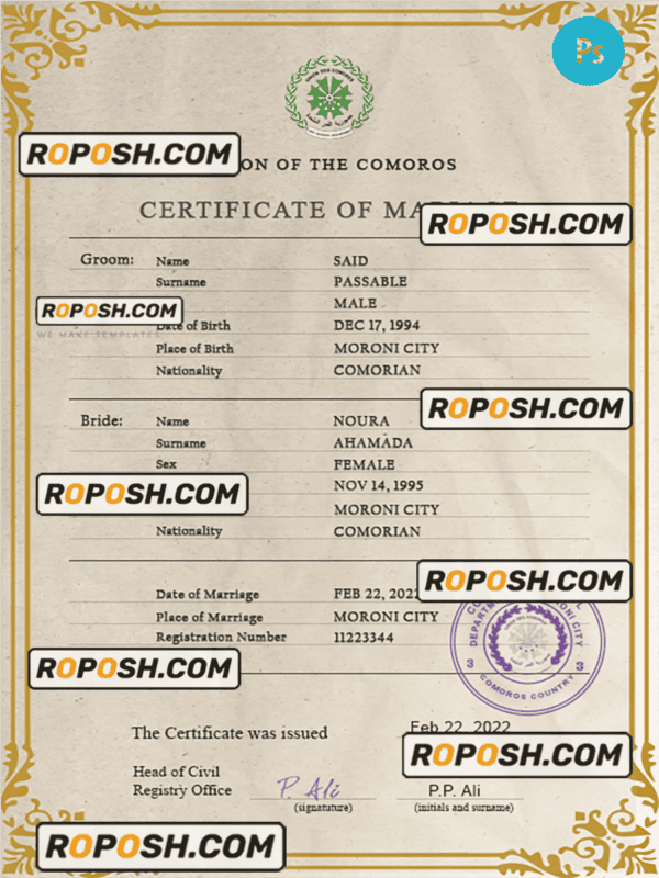 Comoros marriage certificate PSD template, completely editable