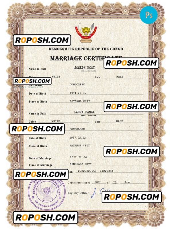Congo Democratic Republic marriage certificate PSD template, fully editable