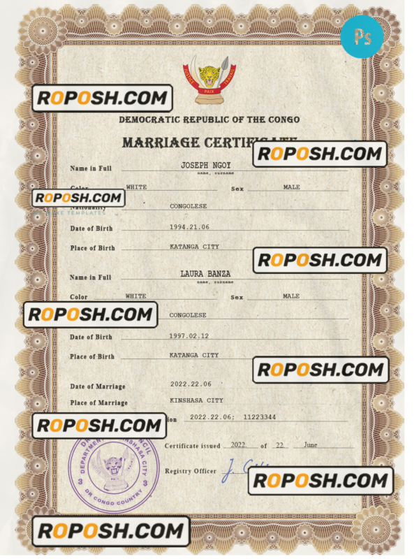 Congo Democratic Republic marriage certificate PSD template, fully editable scan effect