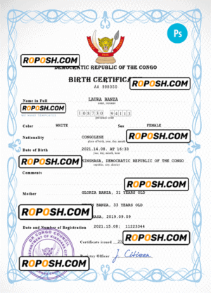 Democratic Republic of the Congo vital record birth certificate PSD template