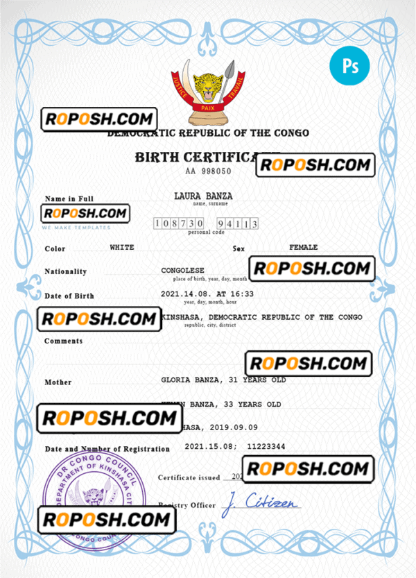 Democratic Republic of the Congo vital record birth certificate PSD template