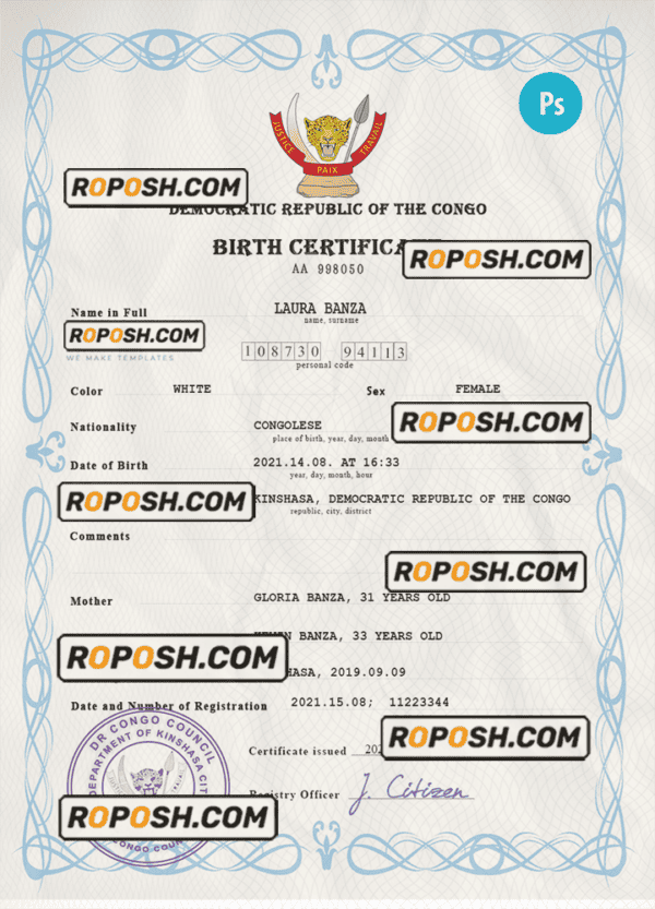 Democratic Republic of the Congo vital record birth certificate PSD template