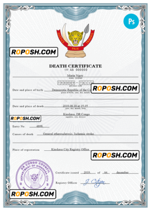 Congo (Democratic Republic of the Congo) vital record death certificate PSD template, completely editable