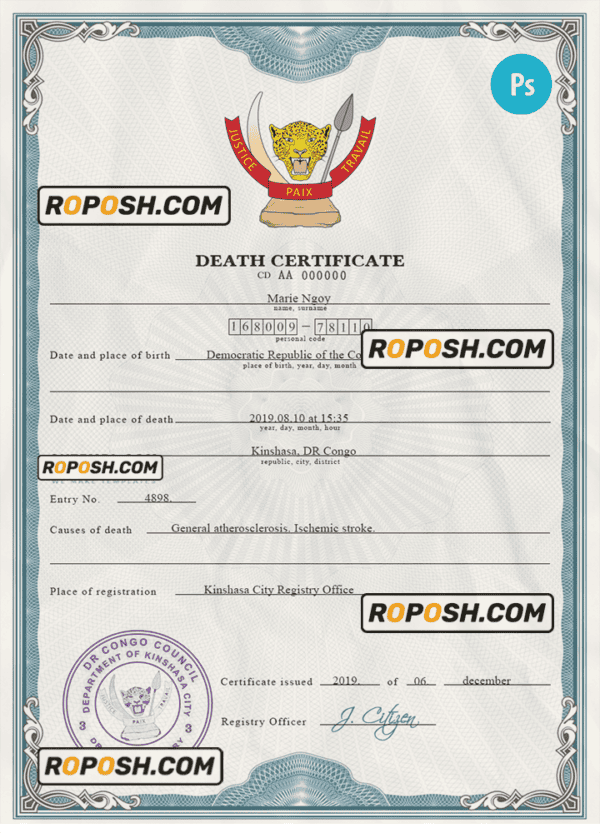 Congo (Democratic Republic of the Congo) vital record death certificate PSD template, completely editable