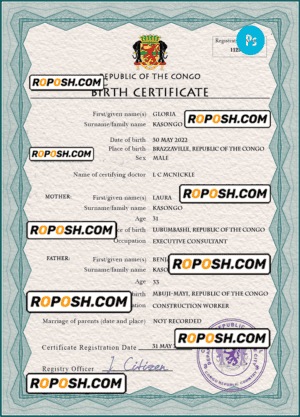 Congo (Republic of the) vital record birth certificate PSD template, completely editable