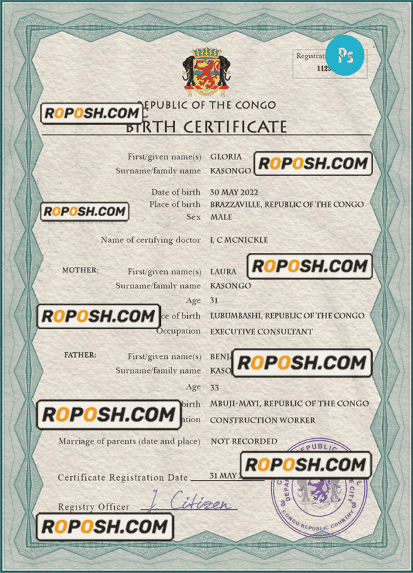 Congo (Republic of the) vital record birth certificate PSD template, completely editable