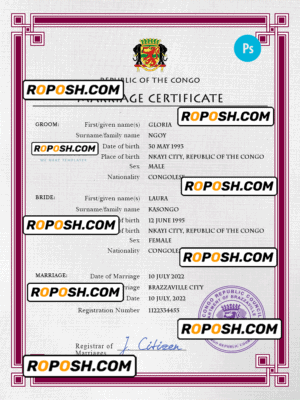 Congo, Republic of the marriage certificate PSD template, completely editable