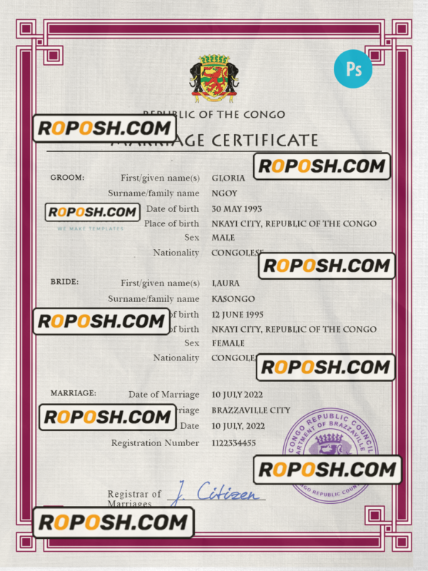 Congo, Republic of the marriage certificate PSD template, completely editable scan effect