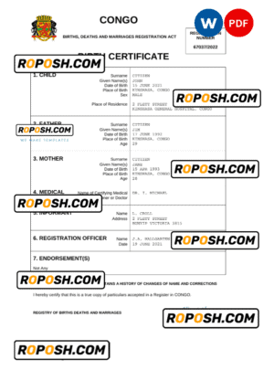 Congo vital record birth certificate Word and PDF template, completely editable