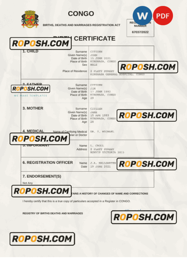 Congo vital record birth certificate Word and PDF template, completely editable