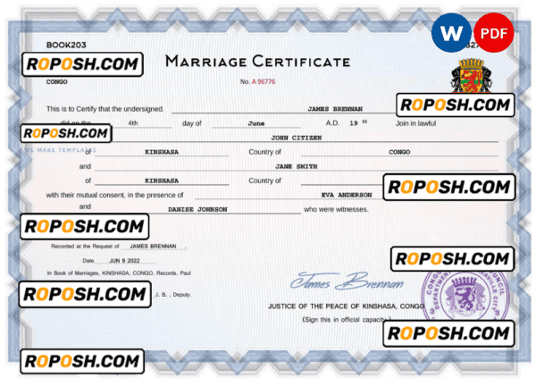 Congo marriage certificate Word and PDF template, fully editable