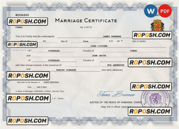 Congo marriage certificate Word and PDF template, fully editable