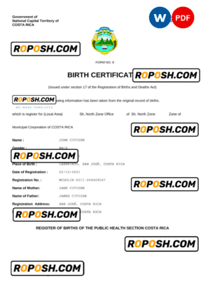 Costa Rica birth certificate Word and PDF template, completely editable