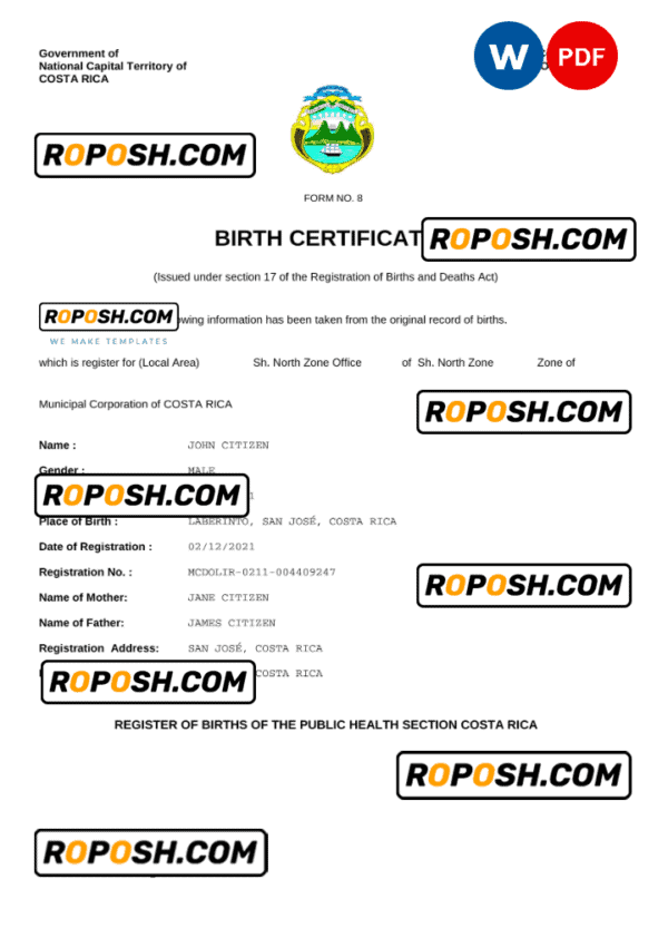 Costa Rica birth certificate Word and PDF template, completely editable