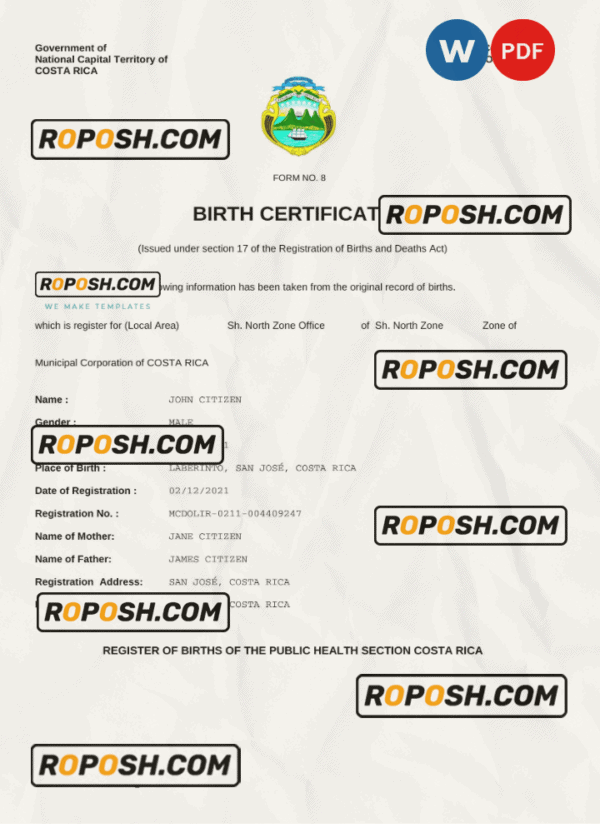 Costa Rica birth certificate Word and PDF template, completely editable