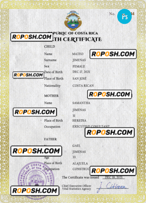 Costa Rica birth certificate PSD template, completely editable