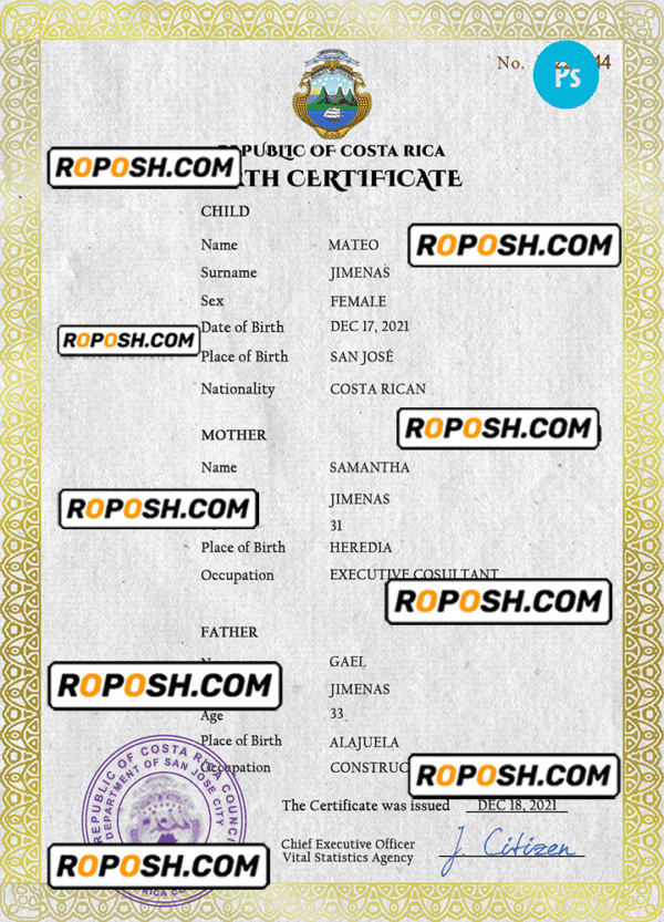 Costa Rica birth certificate PSD template, completely editable