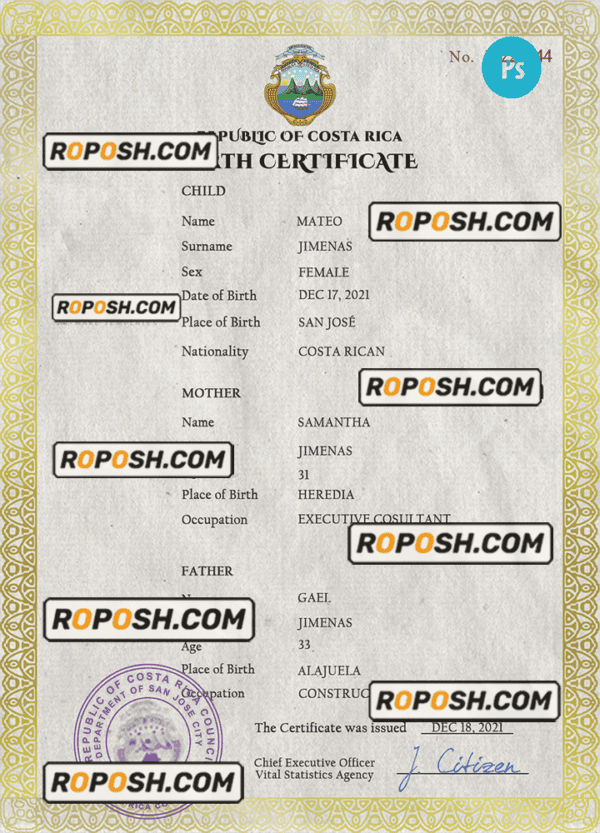 Costa Rica birth certificate PSD template, completely editable