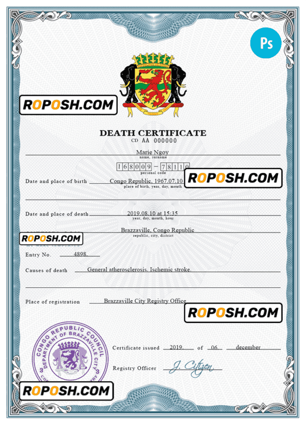 Congo vital record death certificate PSD template