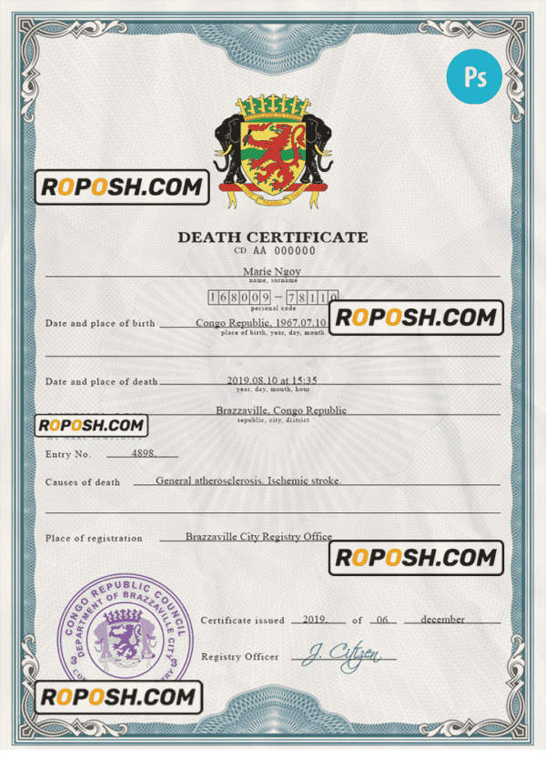 Congo vital record death certificate PSD template