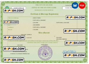 Costa Rica marriage certificate Word and PDF template, completely editable