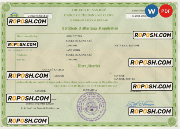 Costa Rica marriage certificate Word and PDF template, completely editable