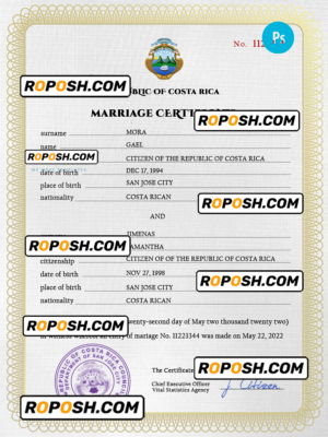 Costa Rica marriage certificate PSD template, fully editable