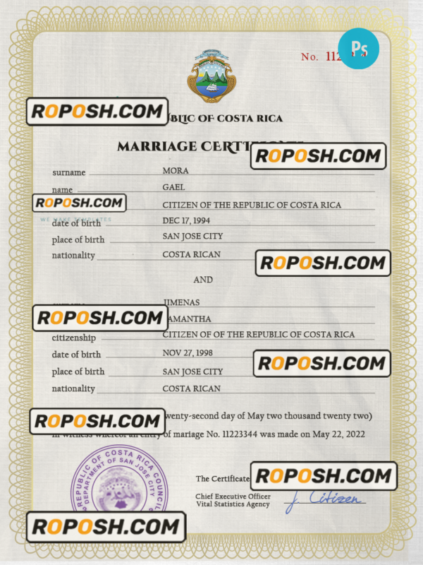 Costa Rica marriage certificate PSD template, fully editable scan effect
