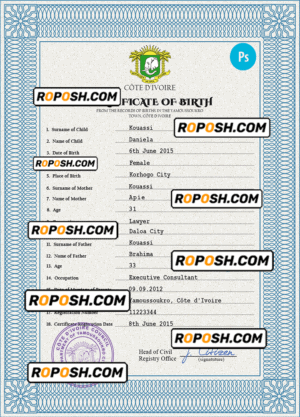 Côte d’Ivoire vital record birth certificate PSD template, fully editable