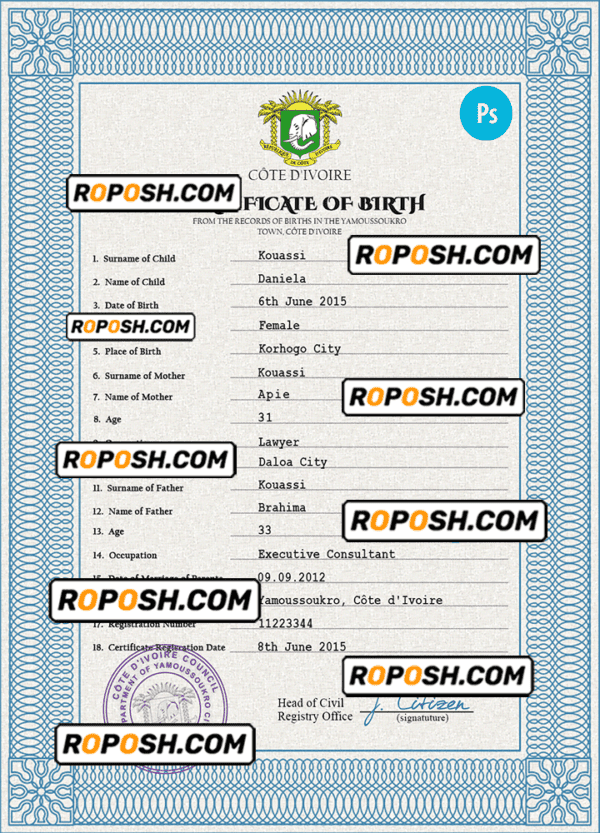 Côte d’Ivoire vital record birth certificate PSD template, fully editable